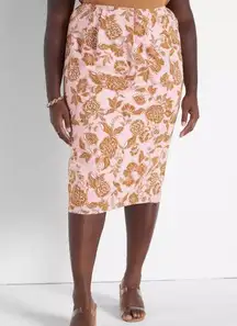 Lane Bryant Pink Brown Floral Midi Skirt Pull On Poplin Lined Pleated Size 22