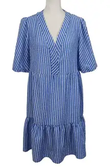 Sandra Darren Blue Stripe Tiered Dress Size 6 Preppy Puffy Sleeve Striped Dress