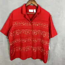 Alfred Dunner Button Up Short Sleeve Top Womens 18Red Floral Embroidered  NWT