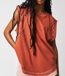 Free People Table For Two Tee Women’s Medium Coral Lace Arm Slouchy Relaxed Fit