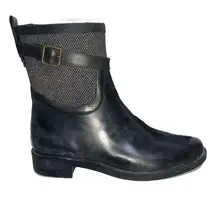 Chooka Buckled Black & Gray Herringbone Knit Slip-On Rain Boots