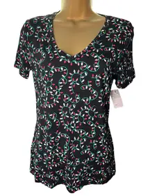 Celebrate Together Christmas Fitted V-Neck Tee Holiday Lights Print Black XS