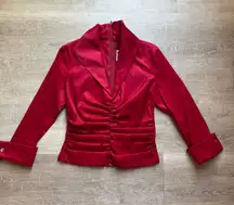 TADASHI Shoji Vintage Ruched Blouse V-Neck 3/4 Sleeves Red Taffeta Size 4