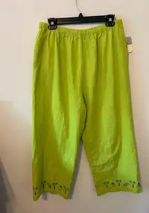 Kim Rogers Linen Blend Pull On Crop Pants Size Large Green Embroidered Pineapple