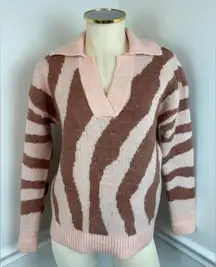 Nine West Sweater Womens Large Pink Mauve‎ Zebra Polo Knit Long Sleeve Size XXL
