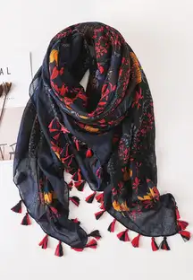 NEW Boho Butterfly Design Tasseled Rectangle Soft Chic Scarf Large Blue Pink