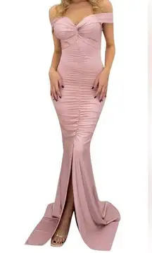 Blue. S Nude Pink Off Shoulder Ruched Jersey Slit Mermaid Dress Size S #134