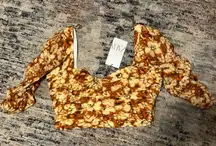 ZARA NWT  Orange & Cream Floral 80s Puffed Sleeve Crop Top