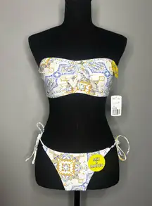 Forever 21 Bikini 2 Piece Set Swimsuit Size Medium White Blue Strapless 