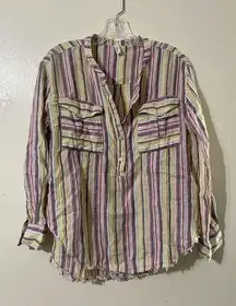 Elan Lagenlook Boho Frayed Top Womens‎ Small 100% Linen Striped Popover