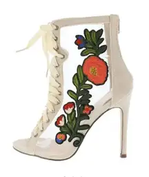 NUDE SUEDE FLOWER PATCH MESH STILETTO