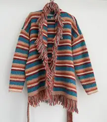 Idyllwind Cardigan Sweater Womens Belted Wrap Tie Colorful Fringe Western Boho