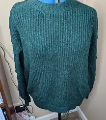 Oversized Small Emerald Green Cable Knit Swiss Dot Sleeve Sweater NWOT