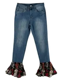 Venus Stretch Medium Wash Denim Mid‎ Rise Embroidered Floral Lace Hem Ankle Jean