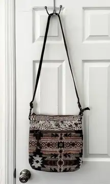 Myra Junoesque Brown Taupe Cream Mixed Media Stitched Crossbody Messenger Bag