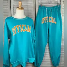 BLUSHMARK Athleisure Set Sweatpants & Crewneck Sweatshirt Teal Orange White-L