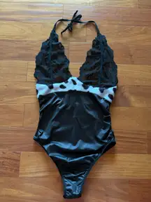 Yandy Cow Print Lace Halter Bodysuit