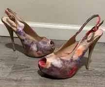 Venus Platform Stiletto Heels | Pastel Floral Peep Toe Pumps (Sz 8.5)