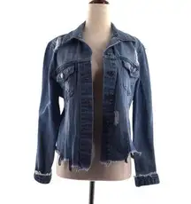 Love tree denim distressed cropped frayed jacket