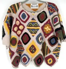 Vintage‎ Knitting Needles Knit Sweater Embellished Geometric Sweater Wacky Sz L