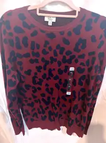 Kim Rogers Petite Crew Neck Leopard Print Long Sleeve Sweater Burgundy Navy P/L