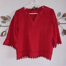 Lauren Ralph Lauren Womens Red Linen V Neck 3/4 Sleeve Blouse Size Small