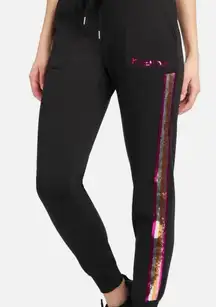 bebe Pink Sequin Stripe Black Drawstring Jogger Pants Size Large NWT Y2K Bling