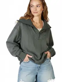 Aerie Oversized Collared Quarter Zip Sweatshirt Size XS Green Ribbed Collar Cozy