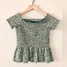 American Eagle Outfitters Green Floral Smocked Peplum Top - Size XS