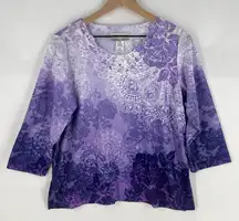 Alfred Dunner Purple Floral Print Lace Rhinestone Embellished 3/4 Sleeve Top PM