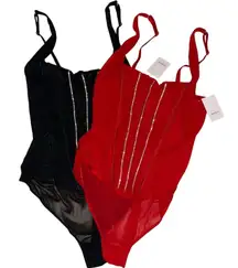 Auden‎ Women's BUNDLE Rhinestone Mesh Bodysuit Black Red Size M Glamorous