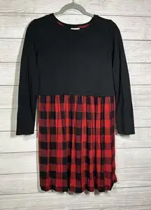 J Jill Women's XS Top Sweater‎ Tunic Babydoll Dress Black Red Plaid Long Sleeve