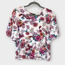a.n.a Pink Floral Ruffle Sleeve Top White Boho Cottagecore Spring Garden L