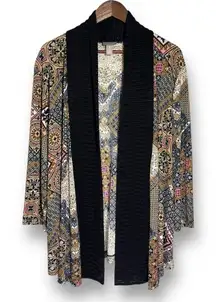 Chico's Cardigan XL Boho Patchwork Gypsy Open Front Long Line‎ Easywear Stretch