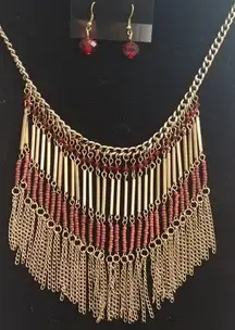 Gold tone Fringe Bib Necklace Earrings Set