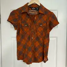 Harley Davidson‎ Orange Plaid Short Sleeve Button Up Size Medium