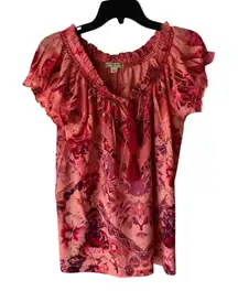 Energe Size‎ P Medium Red Rose Floral Boho Flutter Sleeves Blouse