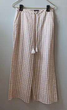 Majorelle Theo gingham check print tan and cream wide leg pants w/ tassel detail