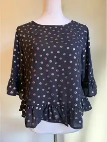 W5 Black Ruffle Anthropologie Peplum Top Gold Dot Shirt S boho whimsi Fairy Y2K