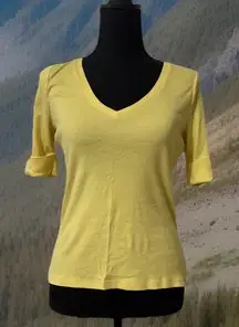 LRL Very Sexy Low Cut V-Neck Cleavage Baby Yellow Slimming Cuff Sleeve TEE -S