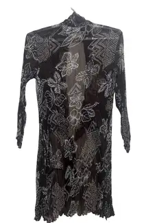 Chicos Brown Floral Print Sheer Pleated Duster Kimono Cardigan Size 3