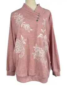 Pink Embroidered Floral Paisley Mock Neck Pullover Sweater Womens XL Feminine