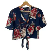 One Clothing Navy Blue Floral Tie Front Short Sleeve Cropped Top XS
