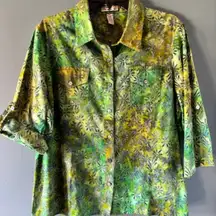 Caribbean Joe XL Button Shirt Green Yellow Roll Tab Button Botanical Colorful