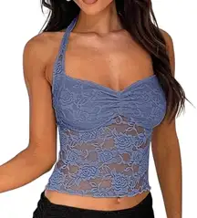 NWT ~ Light Blue Floral Lace Backless Halter Top ~ Women's Size SMALL