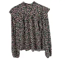 NWT  Long Sleeve Floral Ruffle Mock Neck Top Blouse Black Size Small S NEW