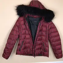 Talbots Women’s Down Filled Plaid Red Black Faux Fur Hood Zip-Up Puffer Jacket