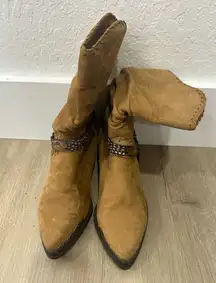 Vintage Zodiac Tan Leather Harness Cowboy Boots Size 7.5 Boho Western