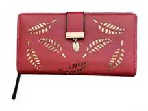 Women's Red Envelope Wallet with Cutout Gold Leaves Credit Card Slots ID Bills