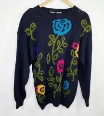 Catalina Vintage Navy Blue Floral Knit Crewneck Sweater Women's Size Large L
